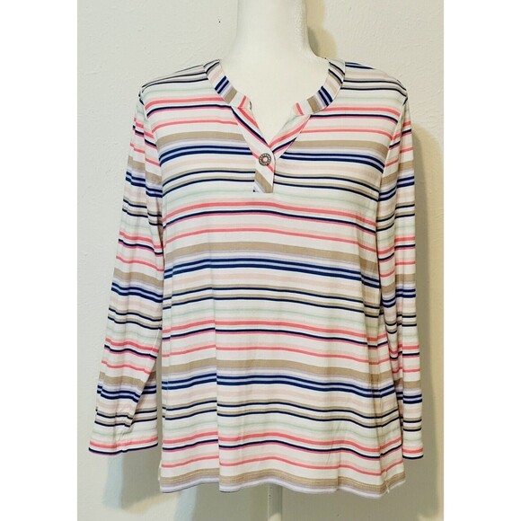 Chicos Women’s Size 2 (L 12) Multicolored Striped Roll Tab Sleeve Top - Picture 1 of 12